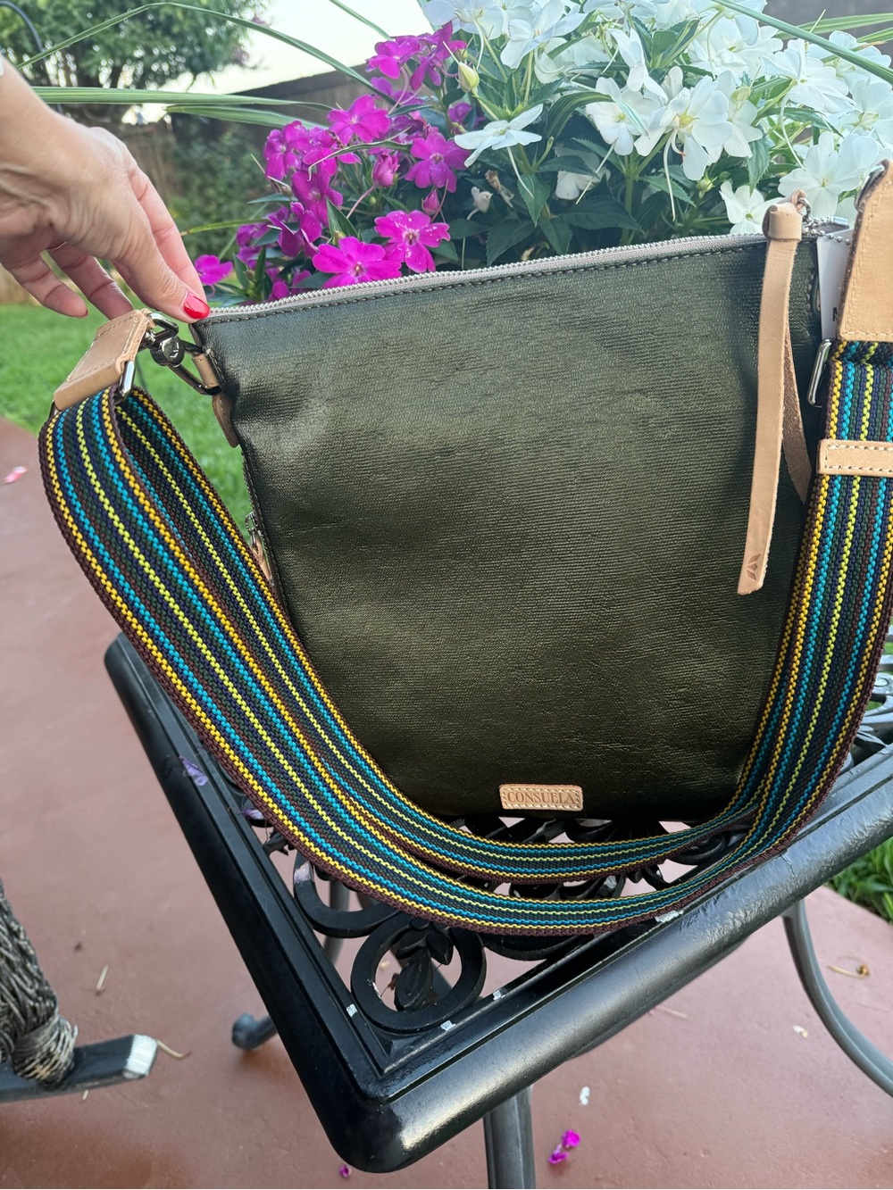 NWT Consuela Tour Crossbody Bag Olive Floral Embroidered Leather Trim - Picture 3 of 16